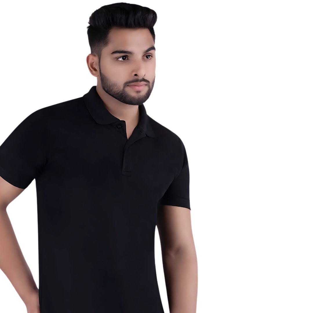 Black Benetton UCB Polo T-shirt front view – breathable polyester for men