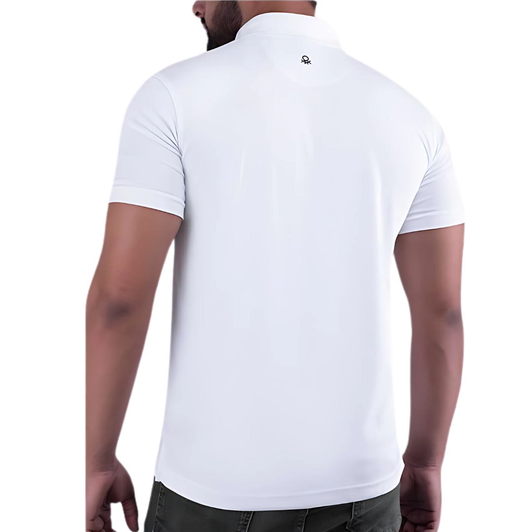 “Back view of Benetton white polo t-shirt showing logo detail”
