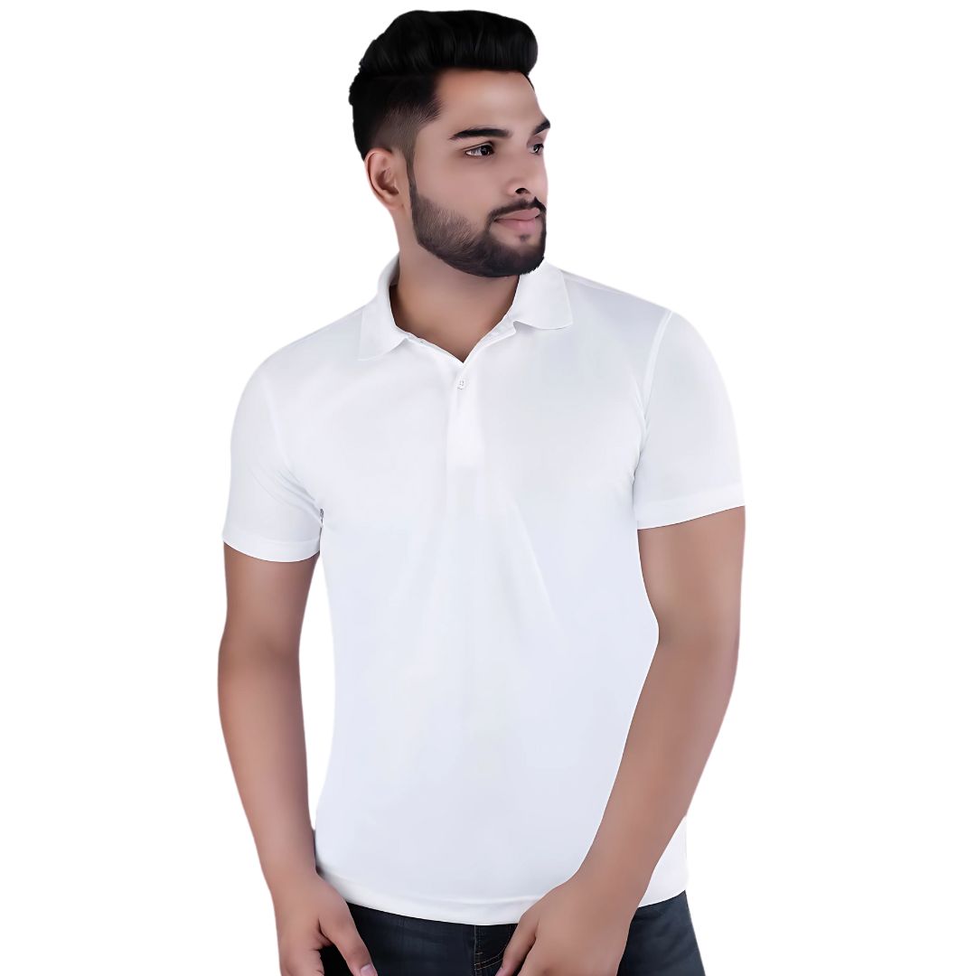 “Benetton white polo t-shirt front view on model”
