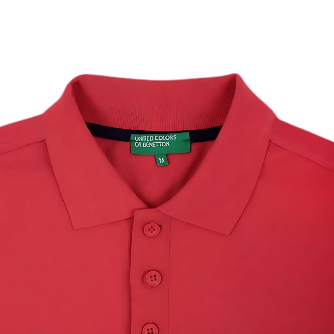 Close-up of Benetton red polo collar and buttons