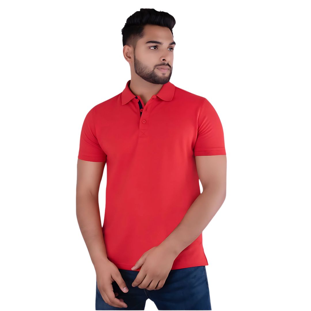 Front view of men’s red Benetton polo t-shirt worn by model