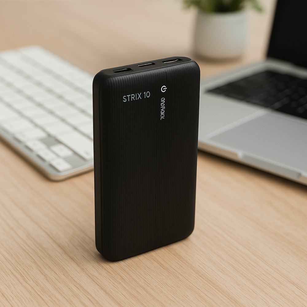 10,000 mAh Strix 10 Power Bank with dual USB outputs, compact and stylish design – Made in India