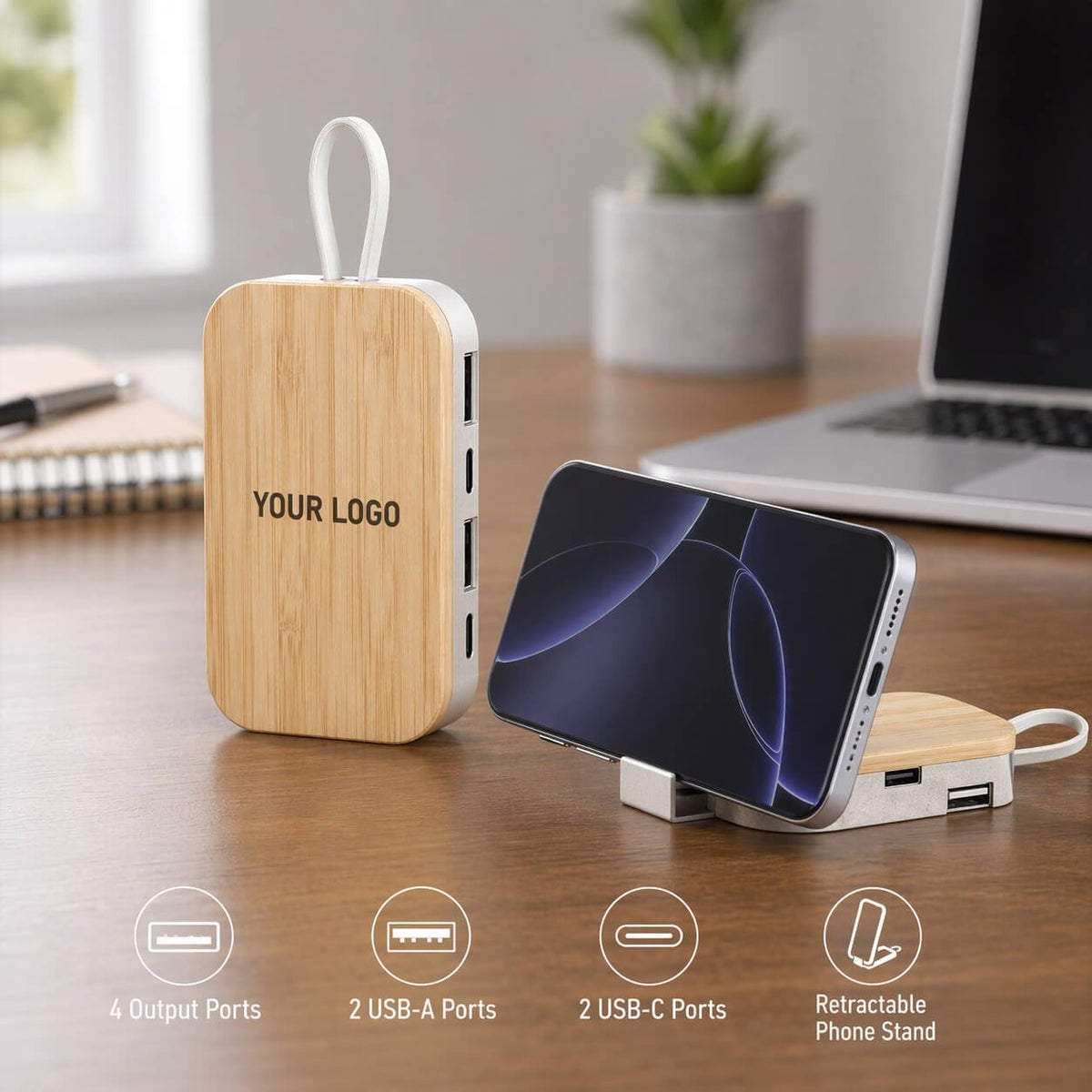 WoodHub: Bamboo USB hub with Phone stand  — corporate gift