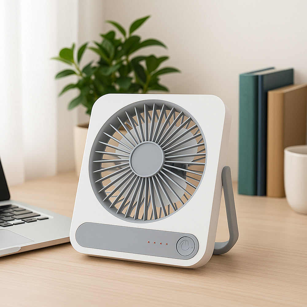 Zephyr rechargeable USB fan with 3-speed settings on a modern desk setup, Made in India portable cooling fan