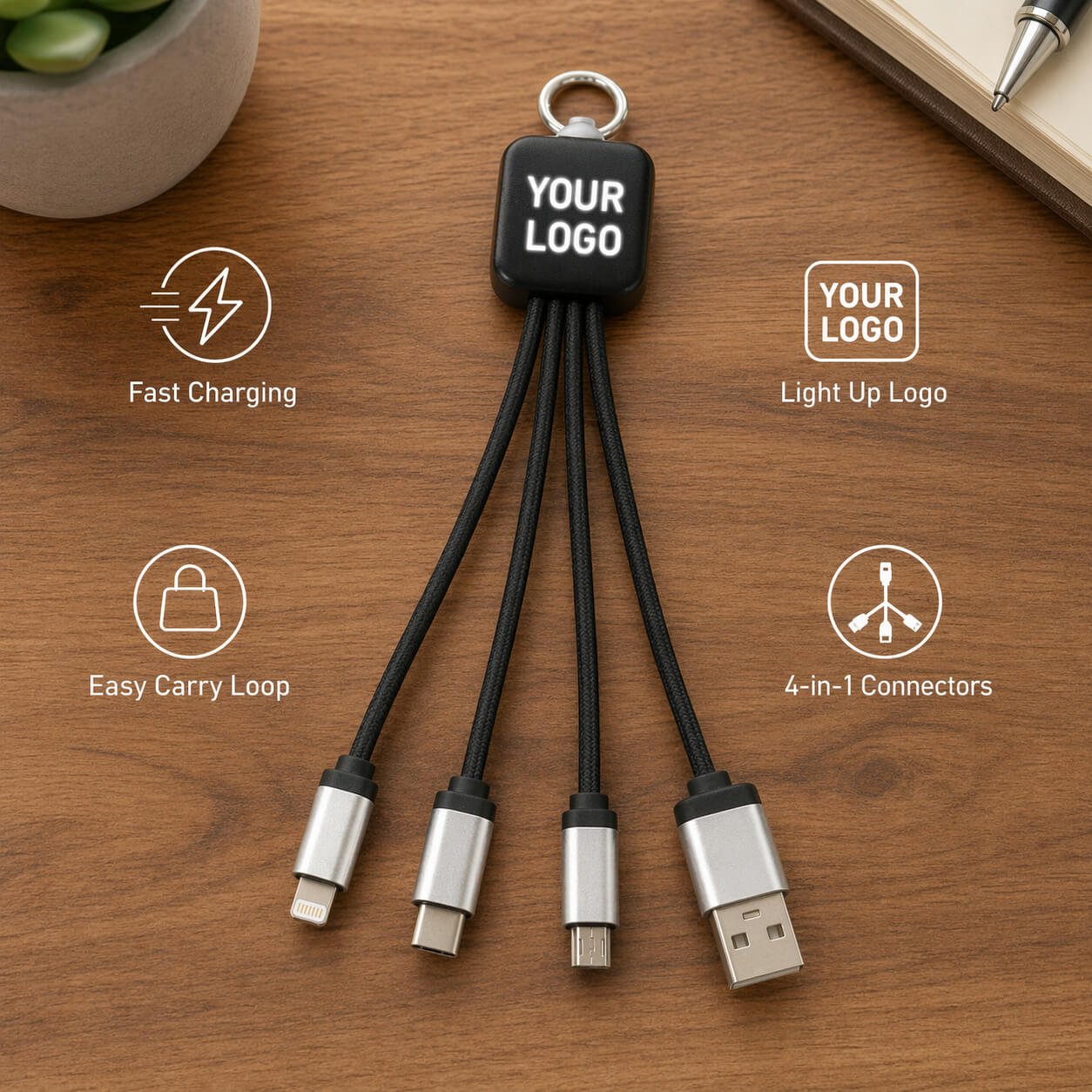 PowerGlow Rectangle Charging cable with Light Up Logo  — corporate gift