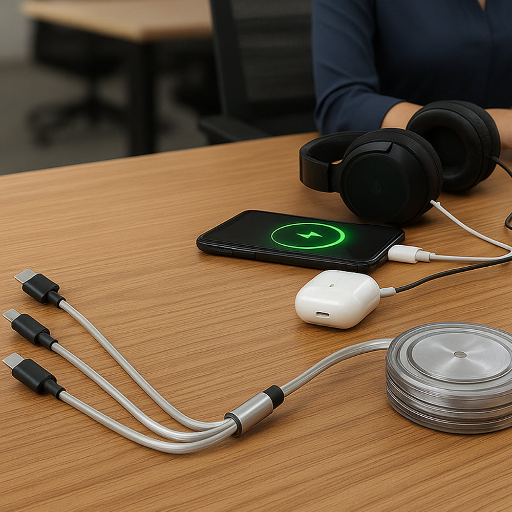 Retractable 3-in-1 fast charging cable with dual input and triple output, shown in use on a work desk