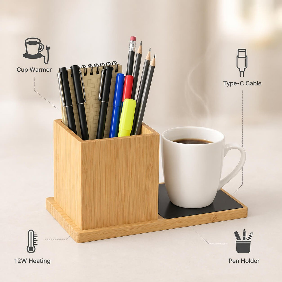 BamBrew: Bamboo Large Pen stand with Cup warmer  — corporate gift