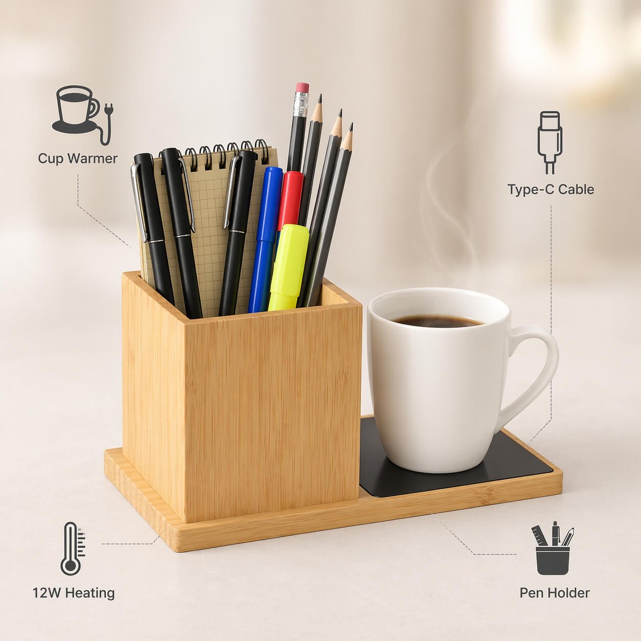 BamBrew: Bamboo Large Pen stand with Cup warmer  — corporate gift