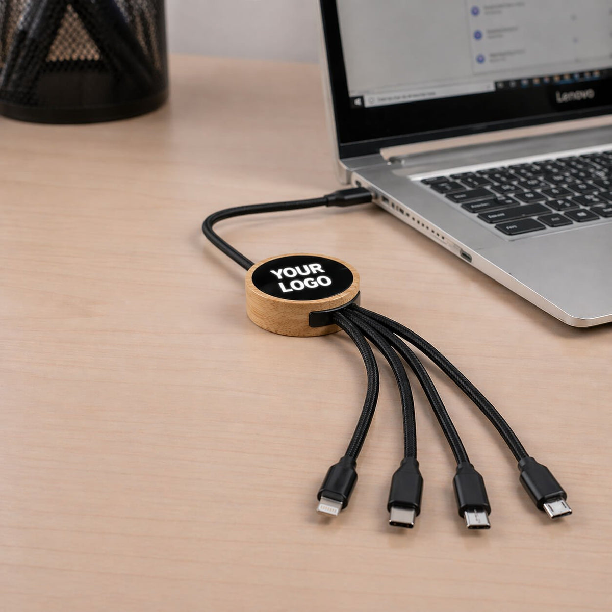 ZenCharge Cord: Bamboo Long Fast Charging Cable with Universal ports &amp; Light up logo  — corporate gift