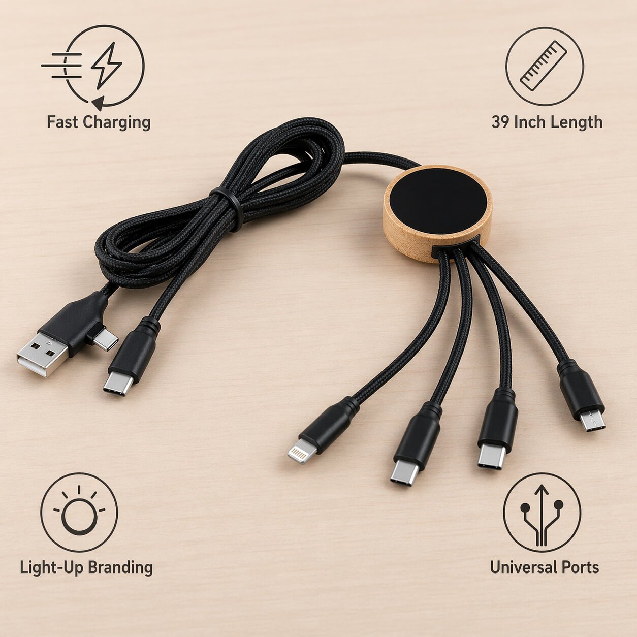 ZenCharge Cord: Bamboo Long Fast Charging Cable with Universal ports & Light up logo  — corporate gift
