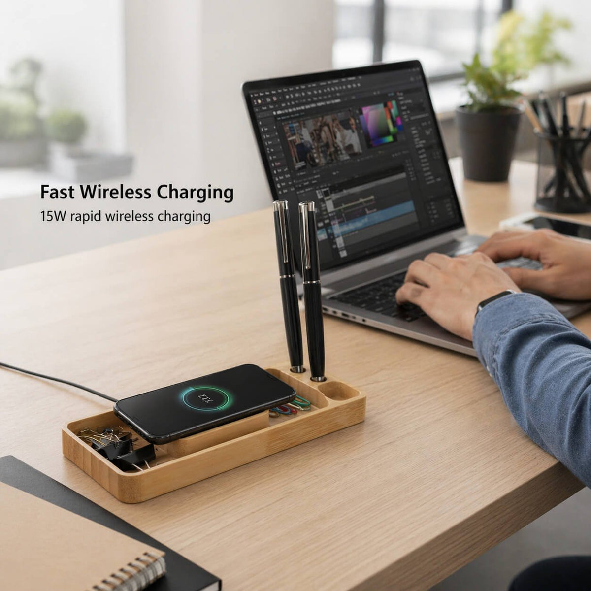 ZenCharge Slim: Bamboo Wireless charger with Phone stand and double Pen stand  — corporate gift