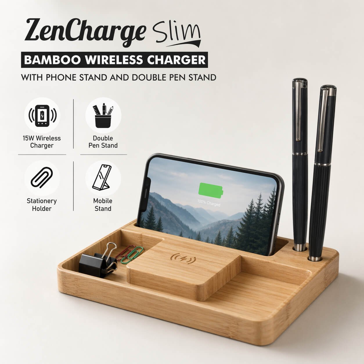 ZenCharge Slim: Bamboo Wireless charger with Phone stand and double Pen stand  — corporate gift