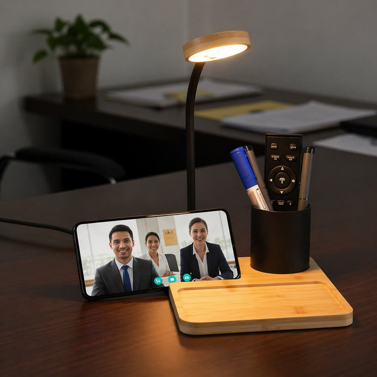 GlowNest: Bamboo Table top with 15W Wireless Charger, LED Lamp, Metal Pen holder & phone stand  — corporate gift