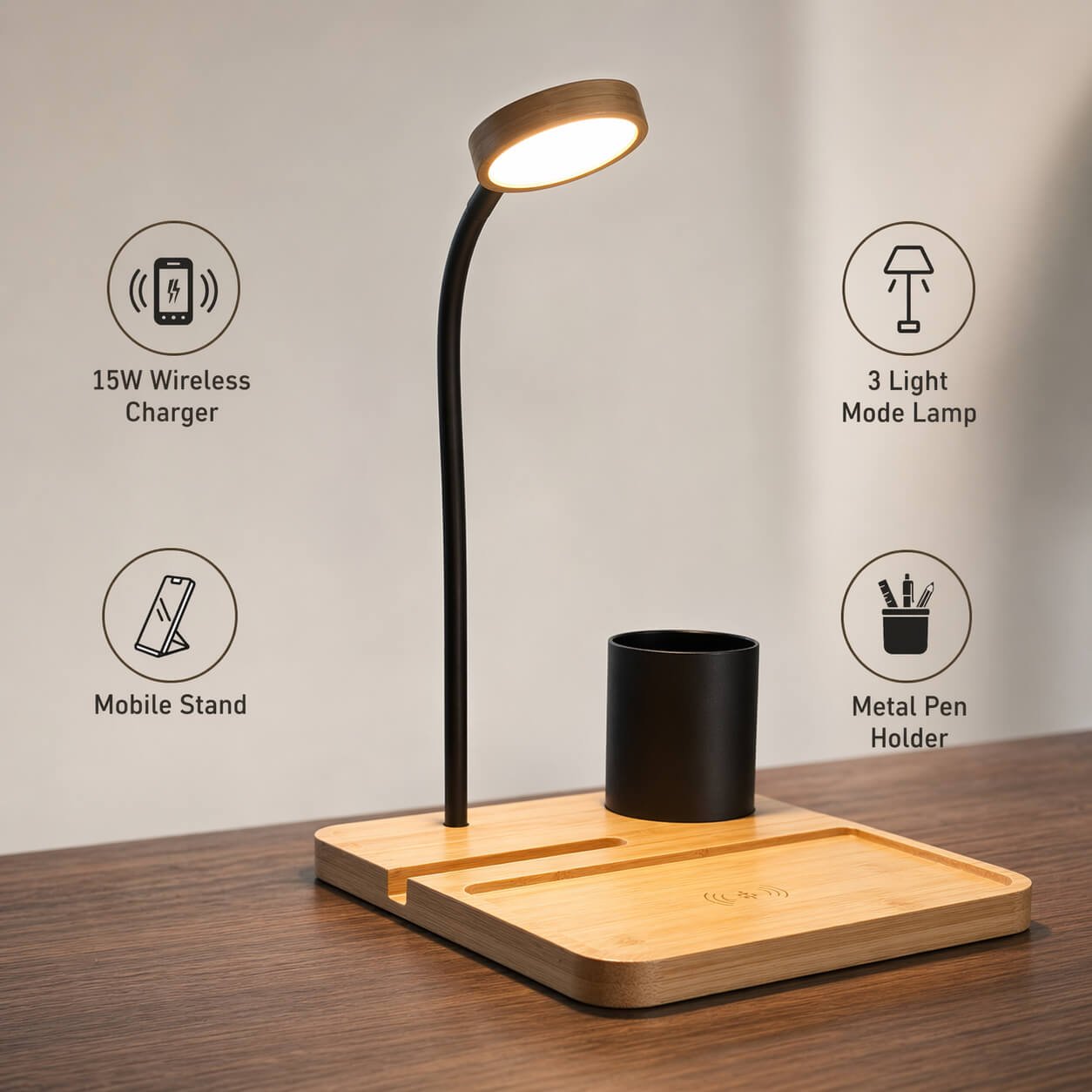 GlowNest: Bamboo Table top with 15W Wireless Charger, LED Lamp, Metal Pen holder & phone stand  — corporate gift