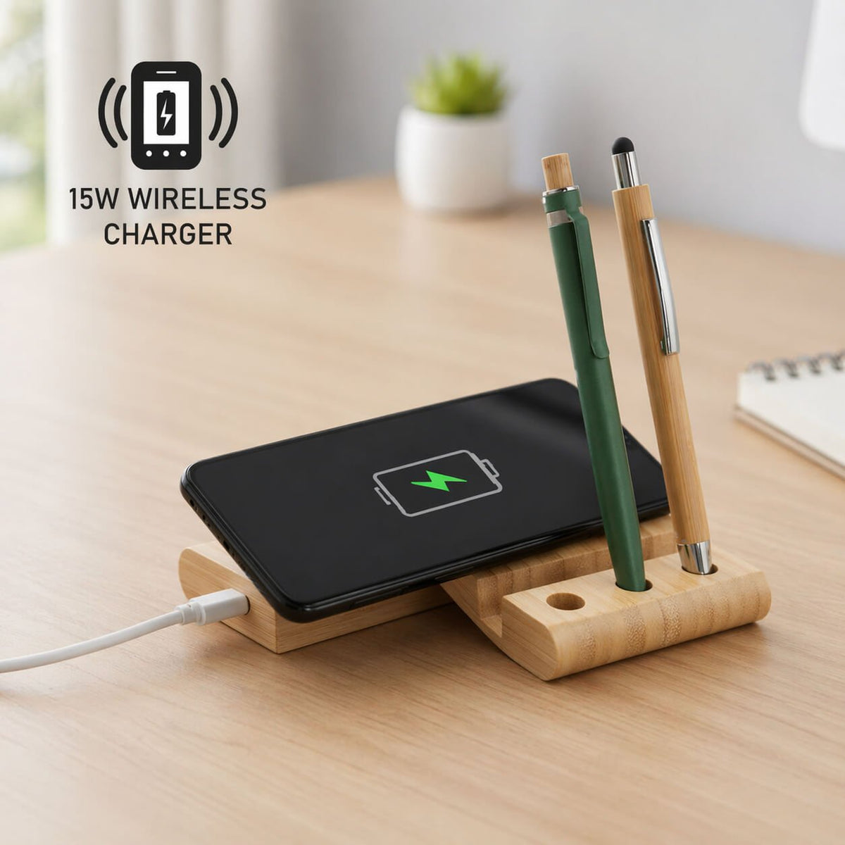ZenCharge: Bamboo Wireless Charger with phone stand and triple pen stand  — corporate gift