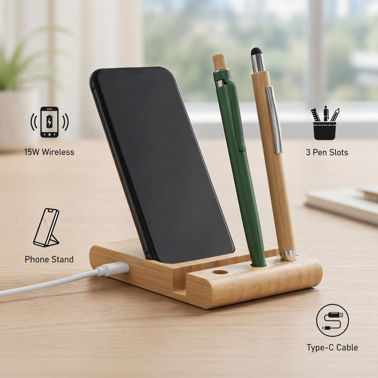 ZenCharge: Bamboo Wireless Charger with phone stand and triple pen stand  — corporate gift