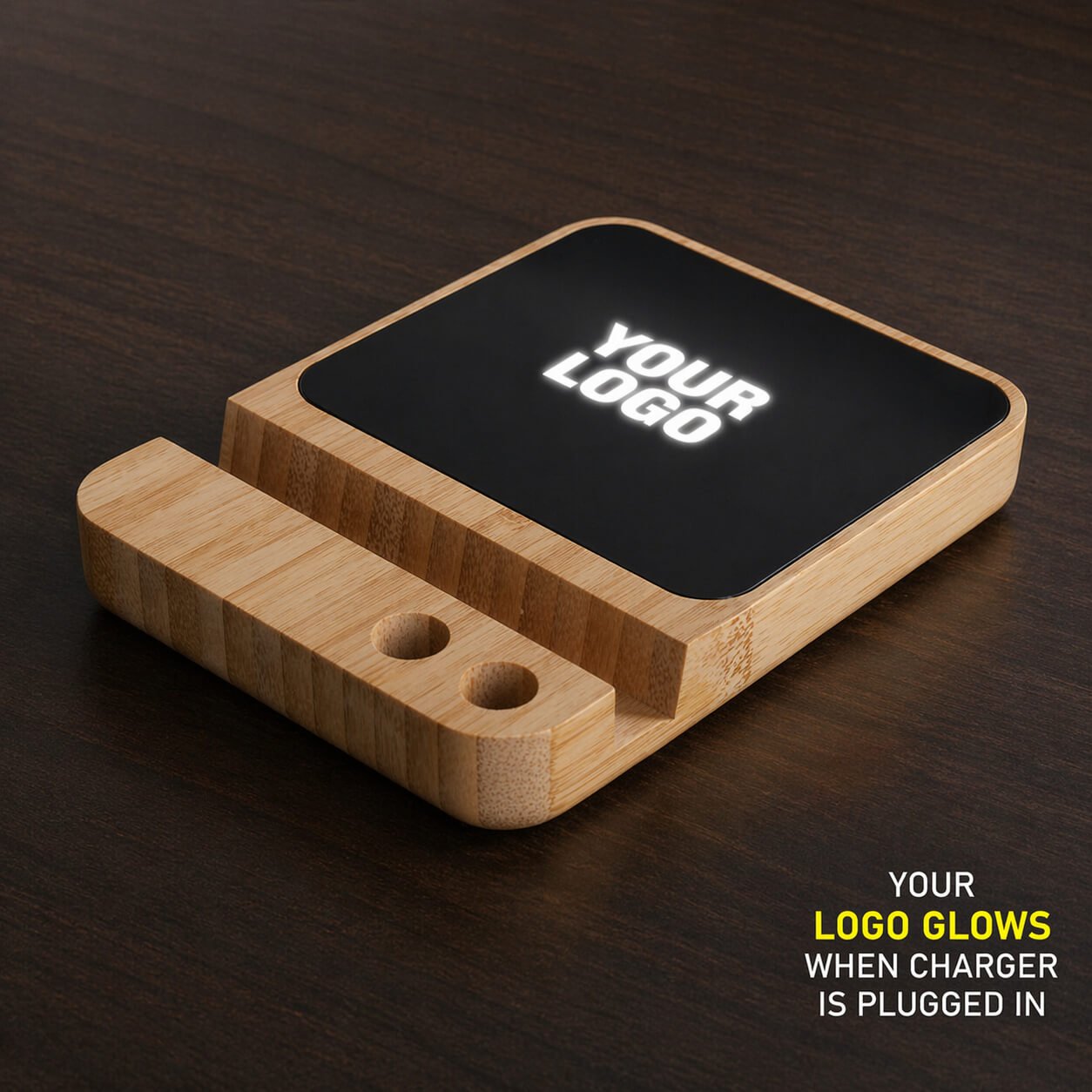 ZenCharge Glow: Bamboo Wireless Charger with Logo Highlight  — corporate gift