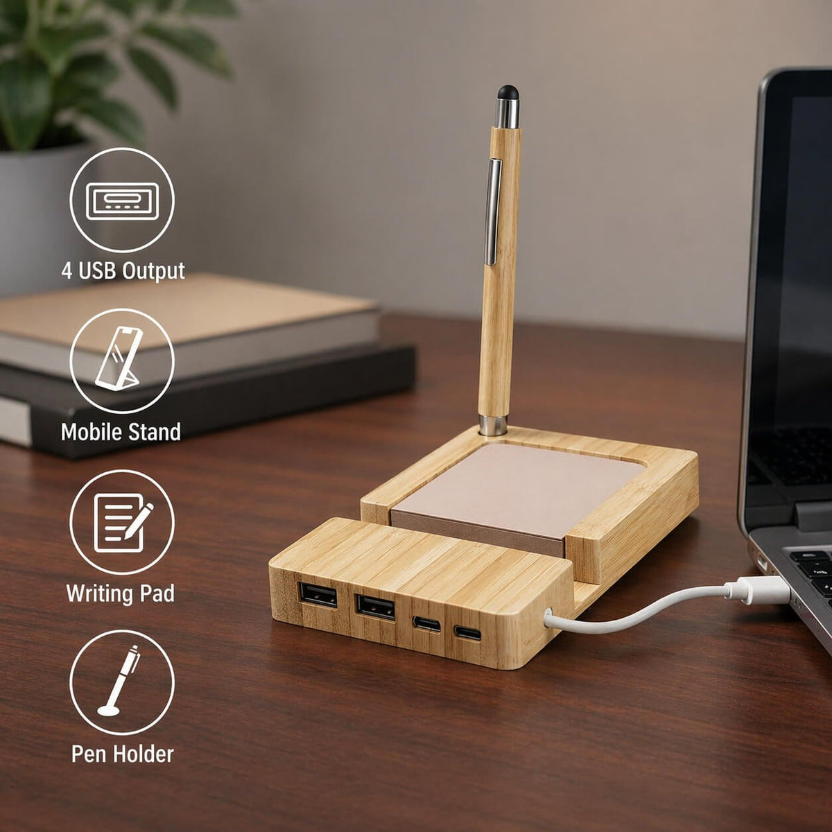 Branchr Pad: Bamboo USB hub with Writing pad and Phone stand  — corporate gift