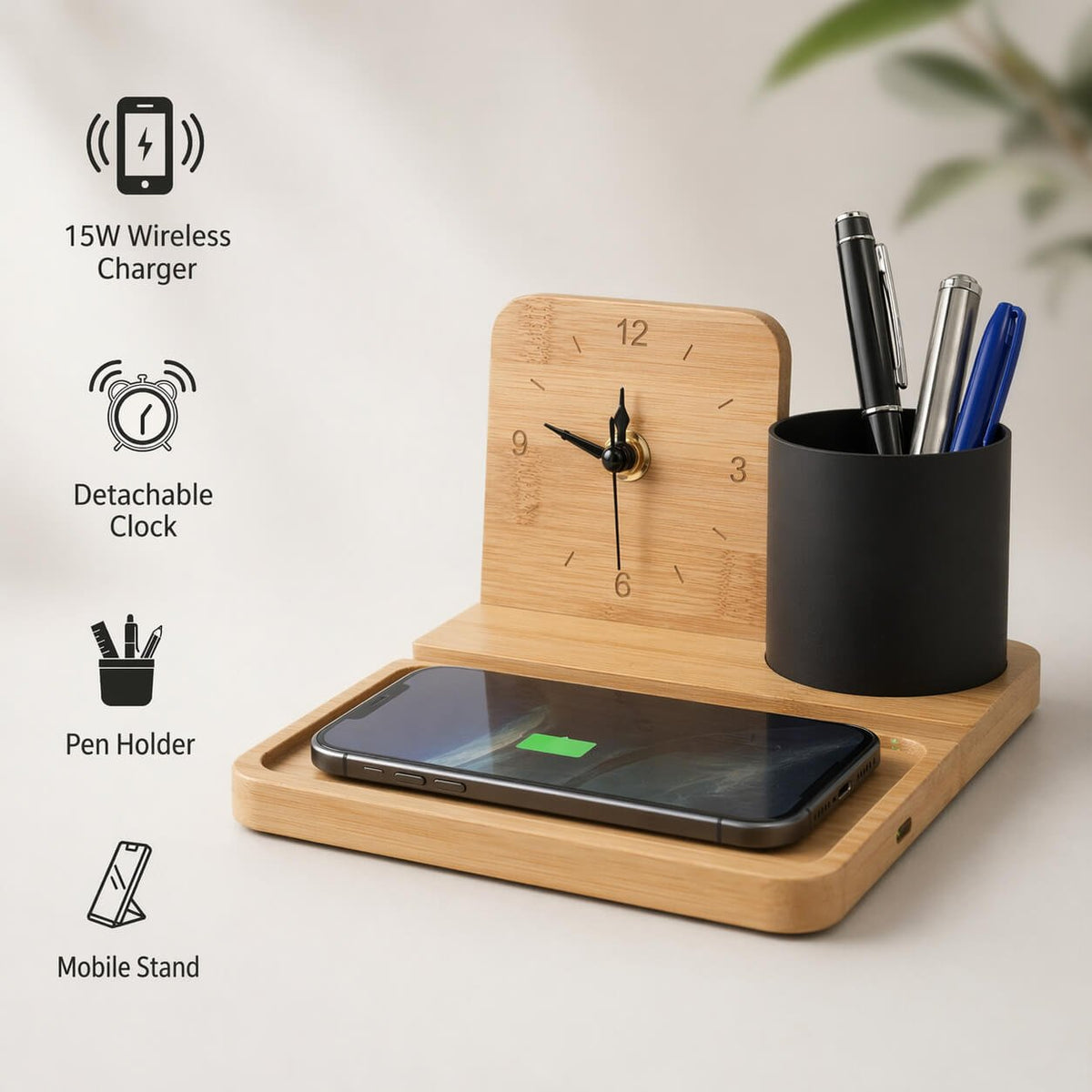 ZenCharge Core: Bamboo Wireless charger with phone stand, Metal Pen holder and Clock  — corporate gift