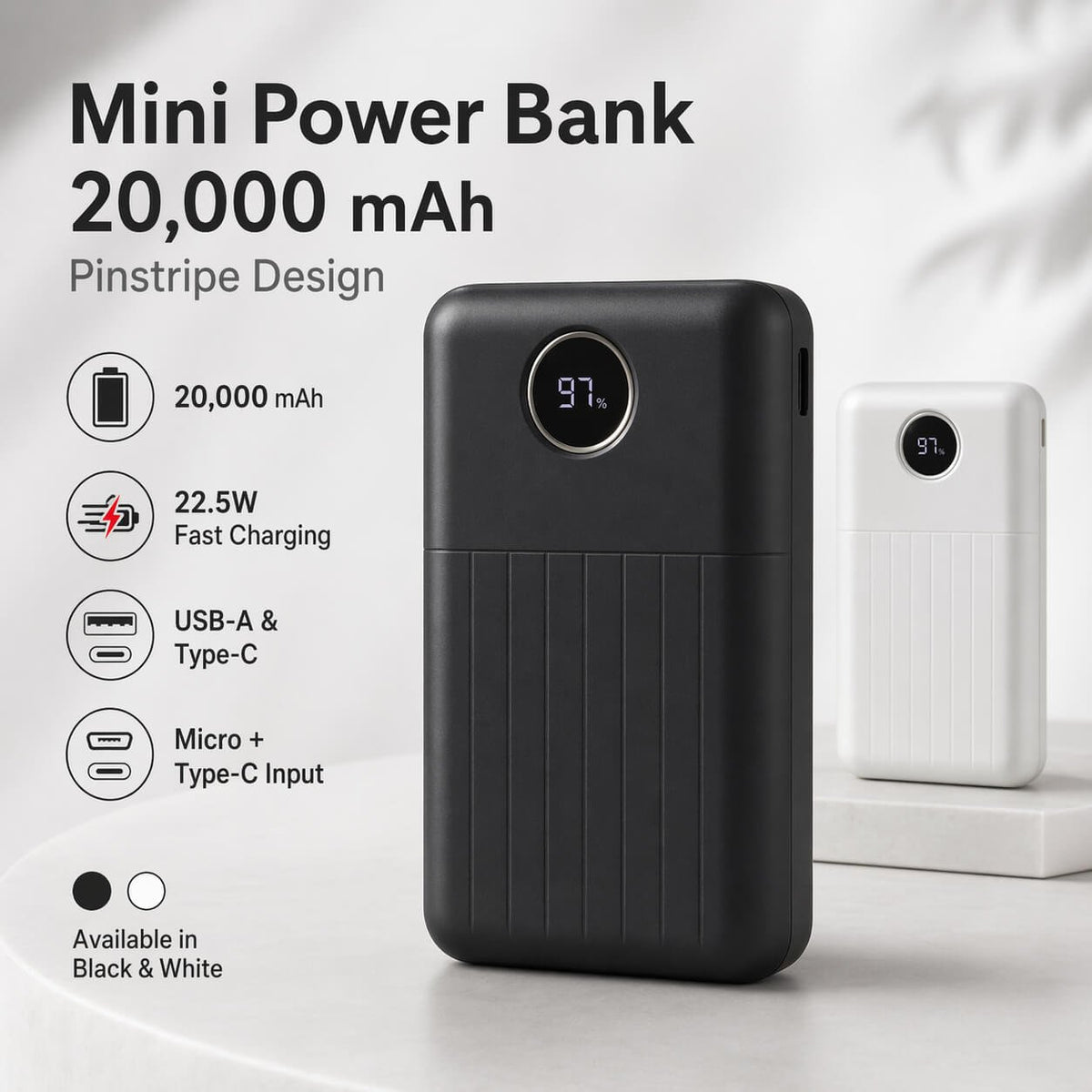 VoltDot 20: 20,000 mAh Mini Power bank with Pinstripe design Black — corporate gift
