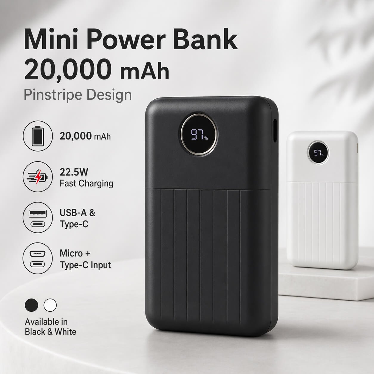 VoltDot 20: 20,000 mAh Mini Power bank with Pinstripe design Black — corporate gift
