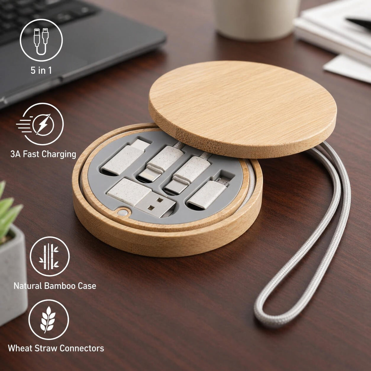 BamBox Round: Travel Cable box with universal connectors, ejector pin in Magnetic Bamboo Case  — corporate gift