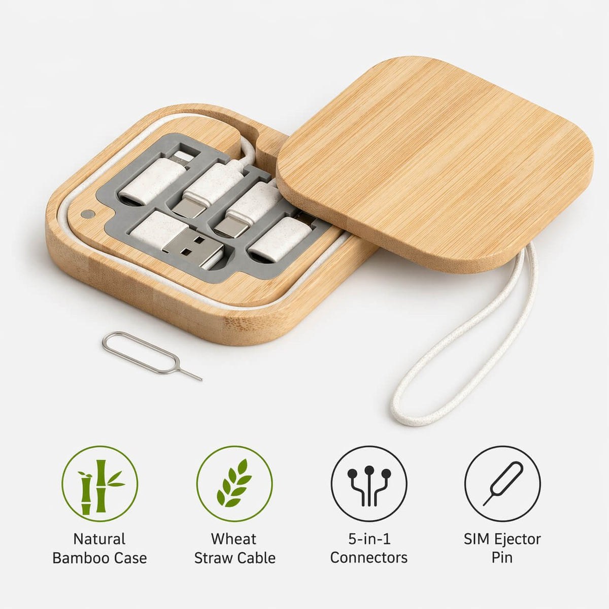 BamBox Square: Travel Cable box with universal connectors, ejector pin in Magnetic Bamboo Case  — corporate gift