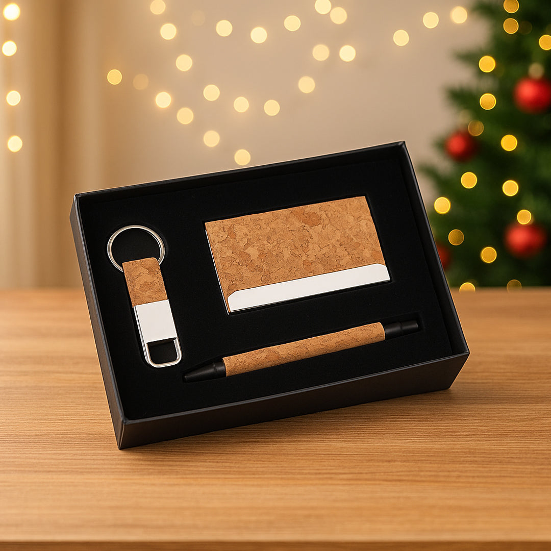 Compact 3 piece cork gift set with pen, keychain, and card holder in box