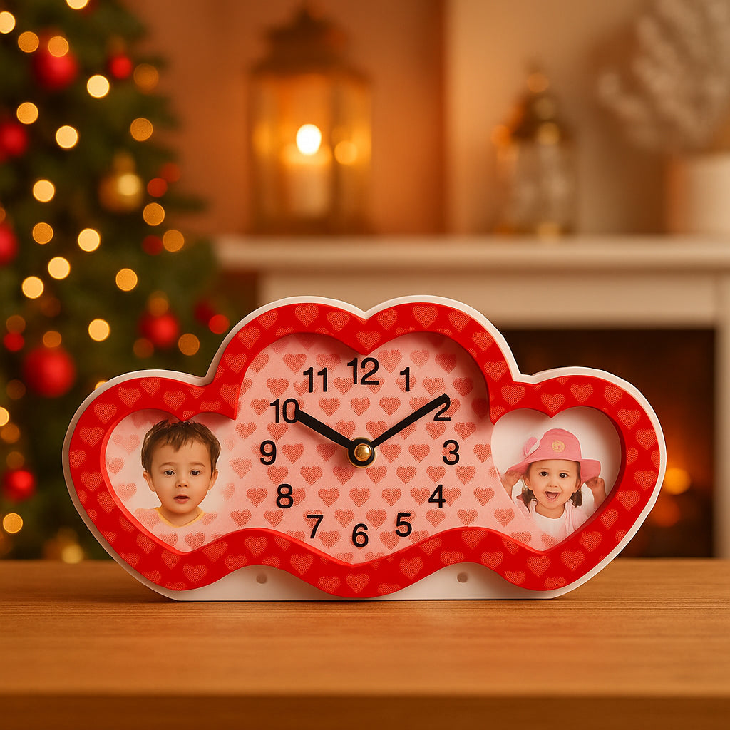 Heart style 3D illusion clock with dual photo frame in red, lifestyle setup