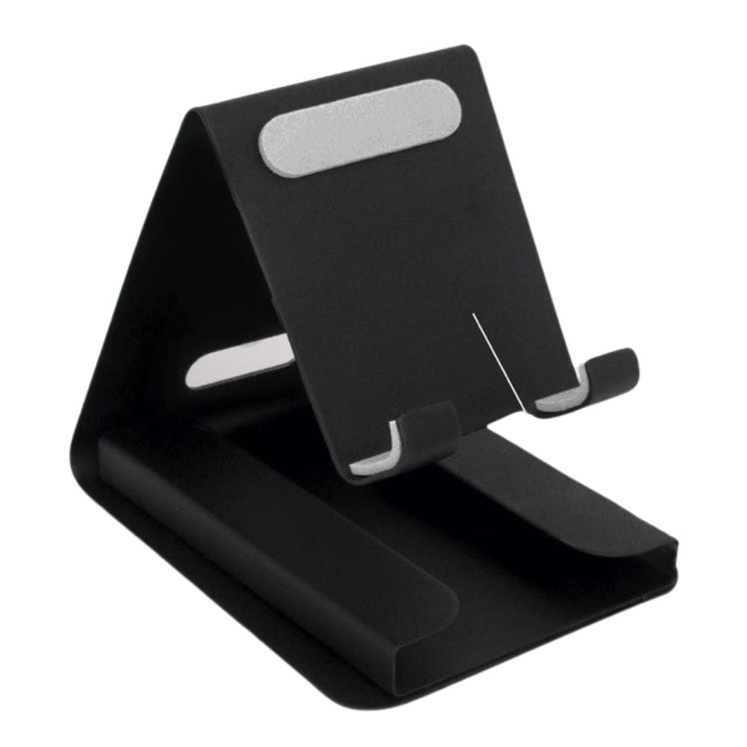 Smartphone on black metal mobile stand with card holder, user tapping screen
