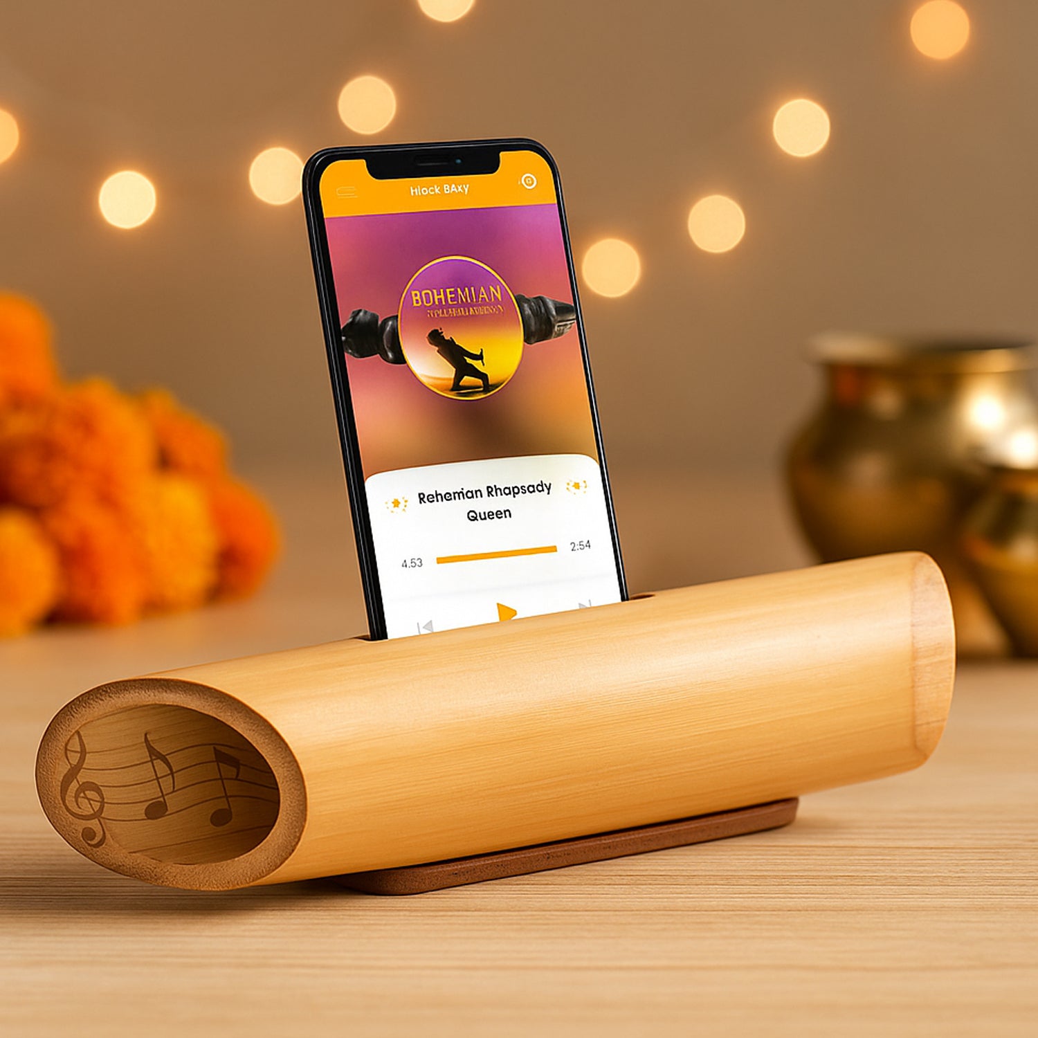 Bamboo music amplifier with smartphone in modern kitchen setting