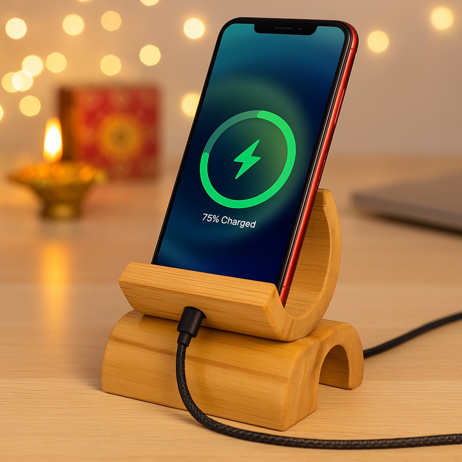 Bamboo half moon phone stand with charging cable hole