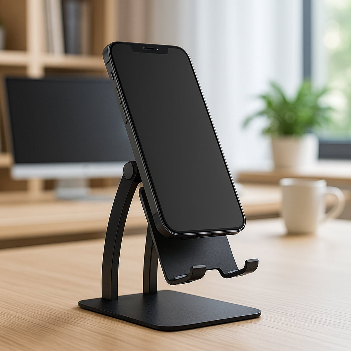 Heavy duty metal mobile stand with phone in kitchen desk setup