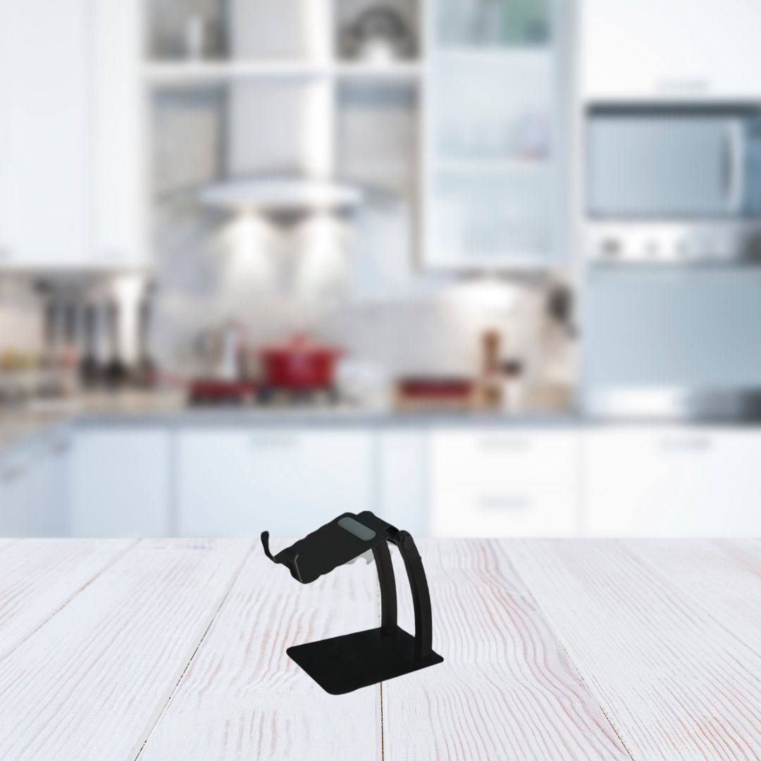 Heavy duty metal mobile stand with phone in kitchen desk setup