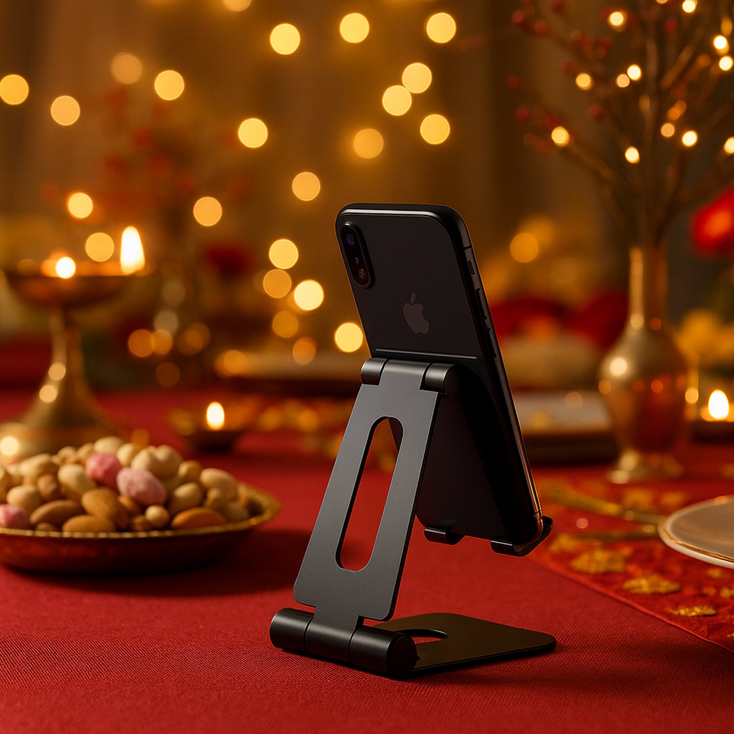 Folding metal mobile stand holding smartphone on desk