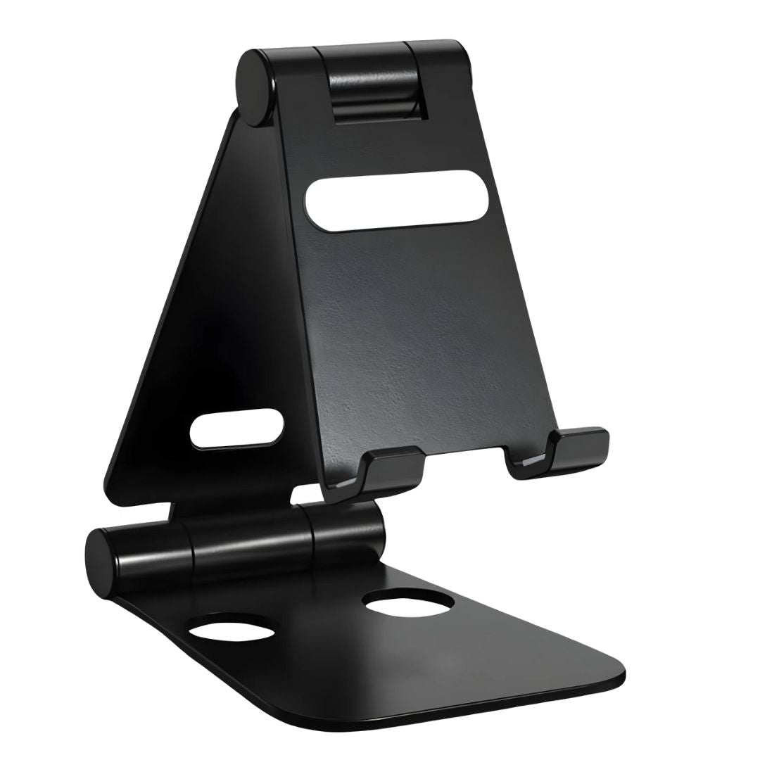 Folding mobile stand demonstrating multiple angle adjustments