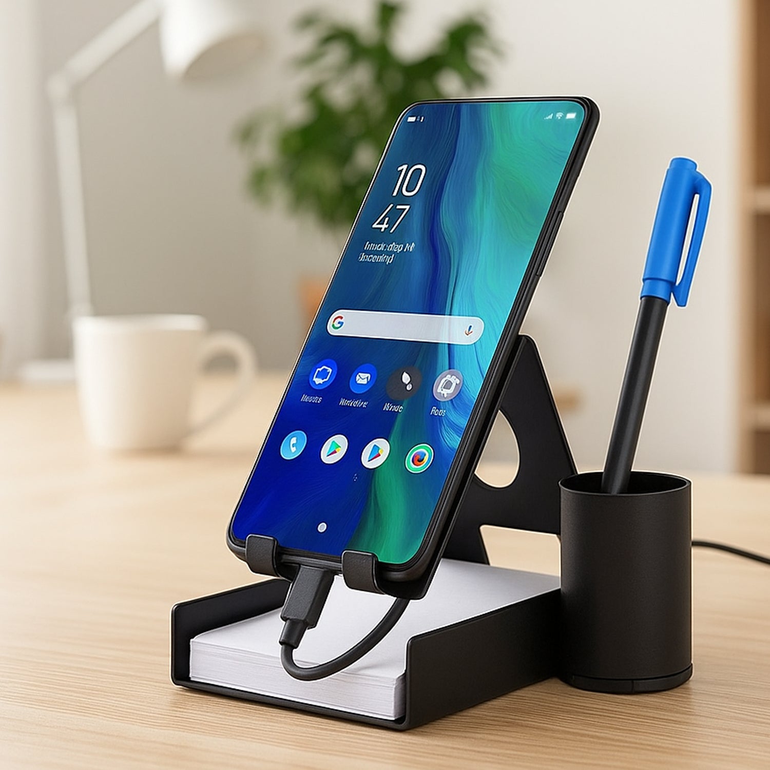 Metal mobile stand with detachable tumbler and writing pad on a desk – lifestyle shot