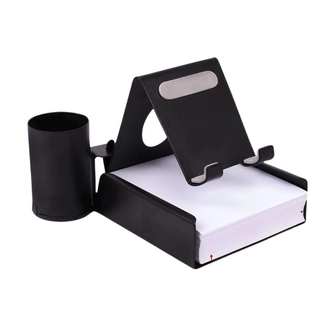Smartphone placed on metal mobile stand with detachable pen holder and notepad