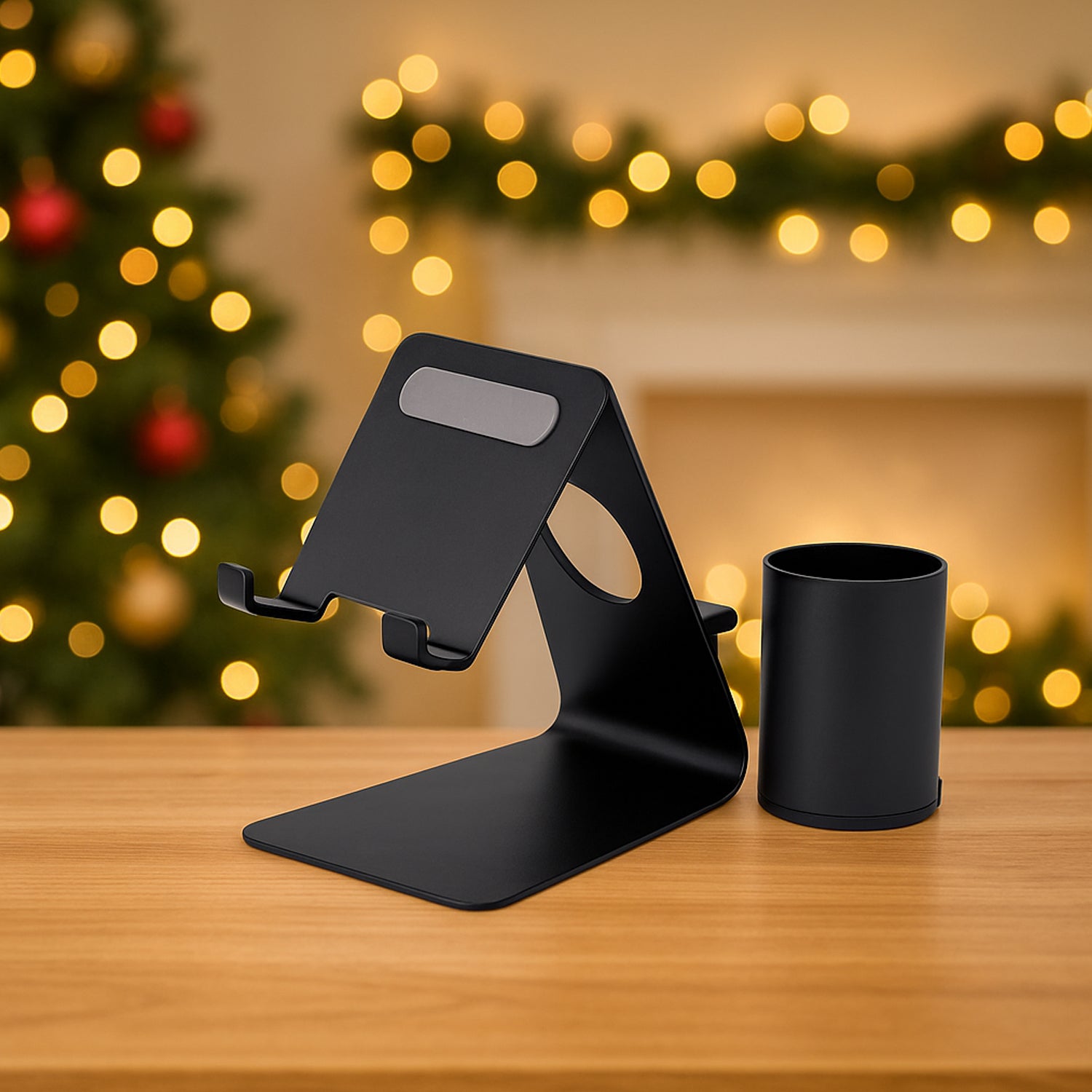 Metal mobile stand with detachable pen holder on wooden desk – lifestyle view