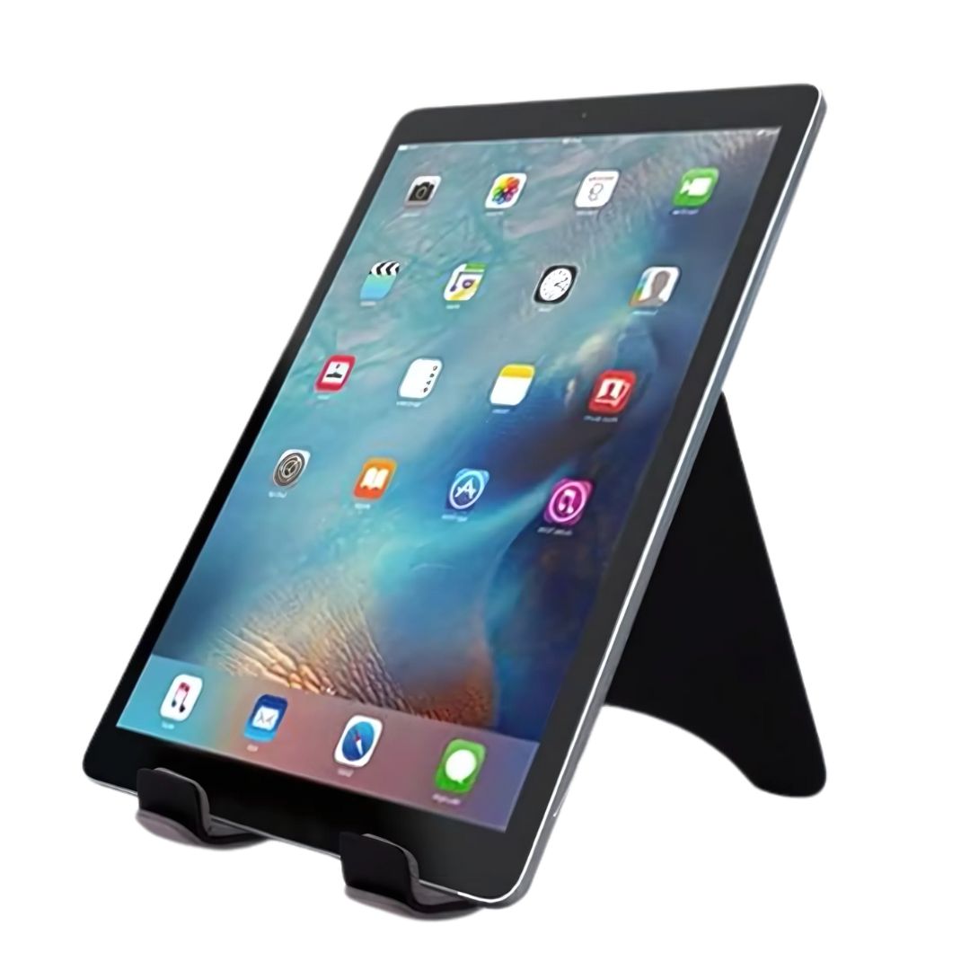 Black folding tablet and phone stand with iPad in upright position