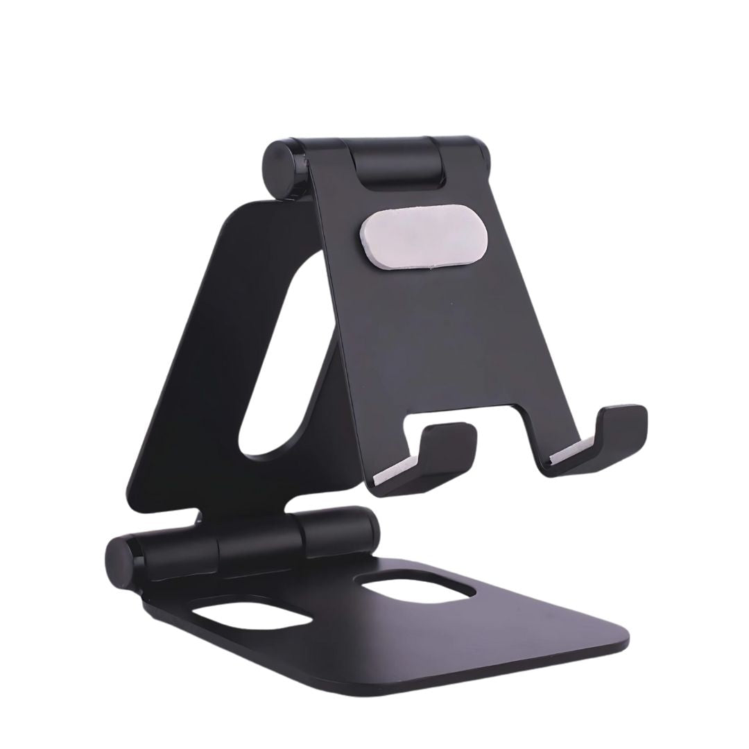 Flexo Mini 2 folding metal mobile stand in compact folded position on wooden table