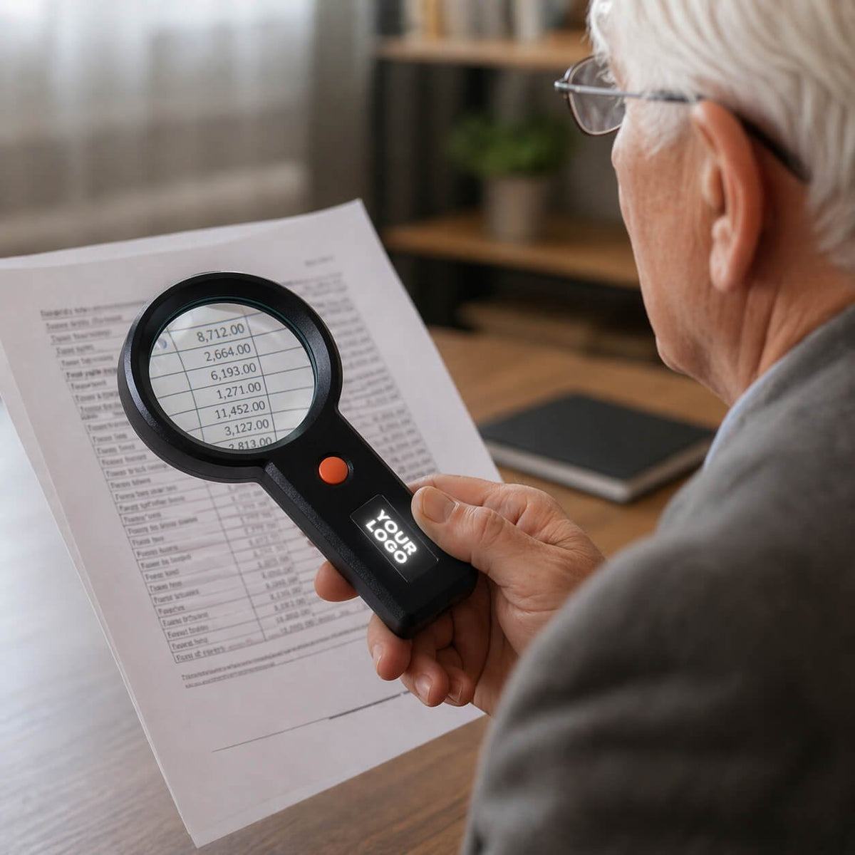 PowerGlow Rechargeable Magnifier with 3 lighting modes &amp; Glowing Black Logo plate  — corporate gift