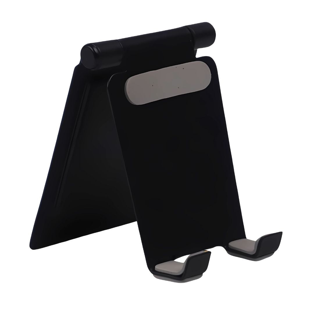 Smartphone placed on folding mobile stand with mirror on wooden table