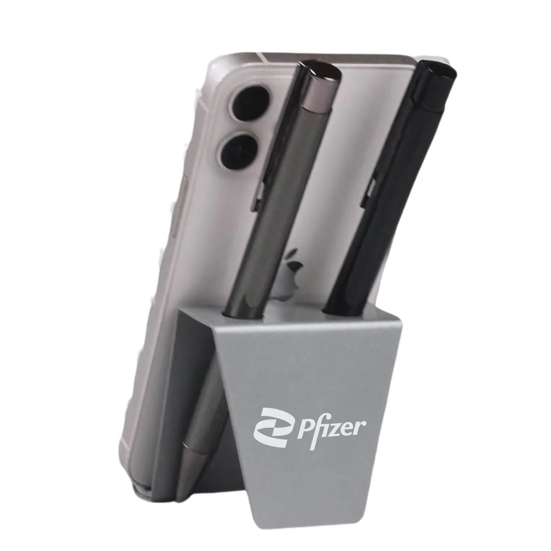 Mini phone stand with double pen holder, anti-skid pads, perfect office desk accessory