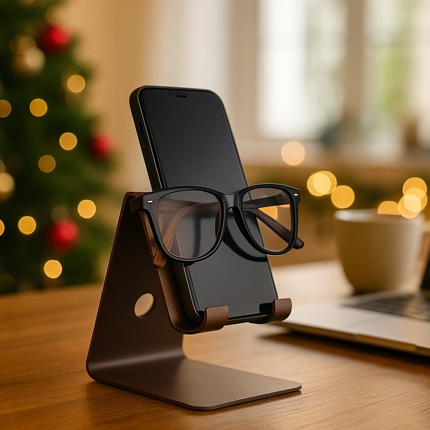 Metal phone stand with spectacle holder – brown finish