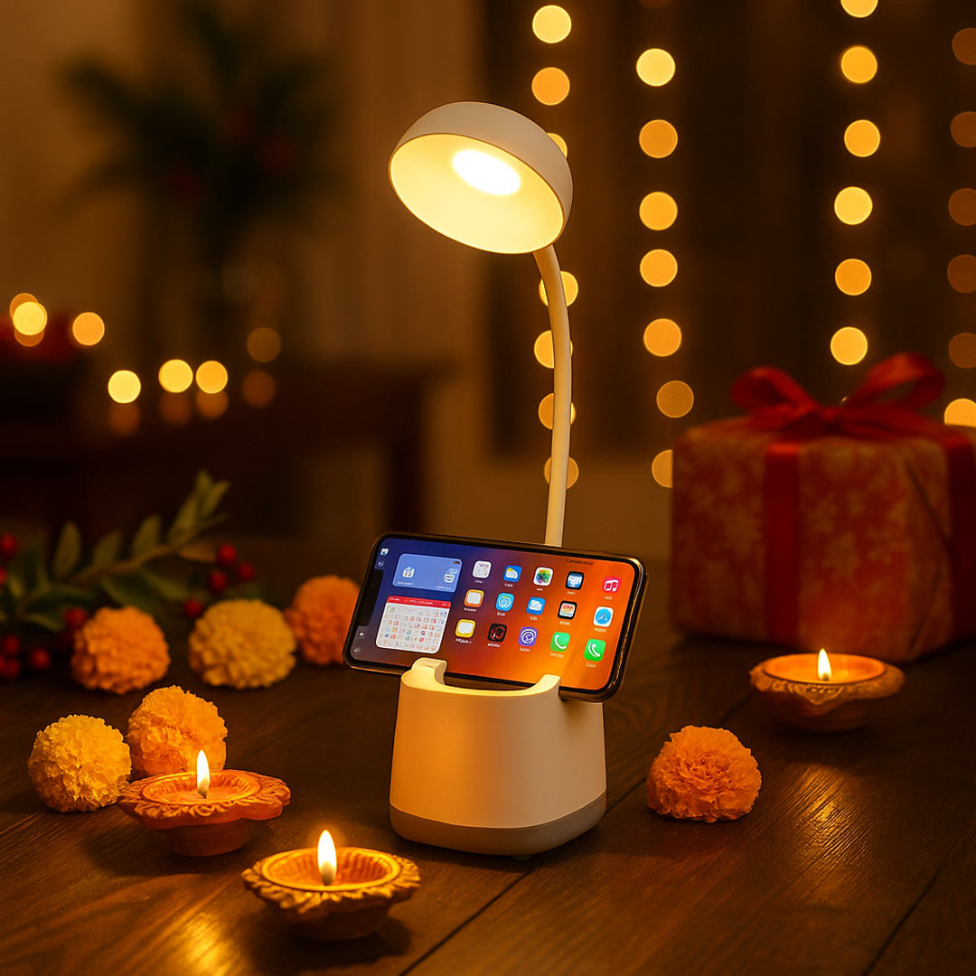 PenZen Sphere rechargeable lamp with phone stand on wooden table in lifestyle setup