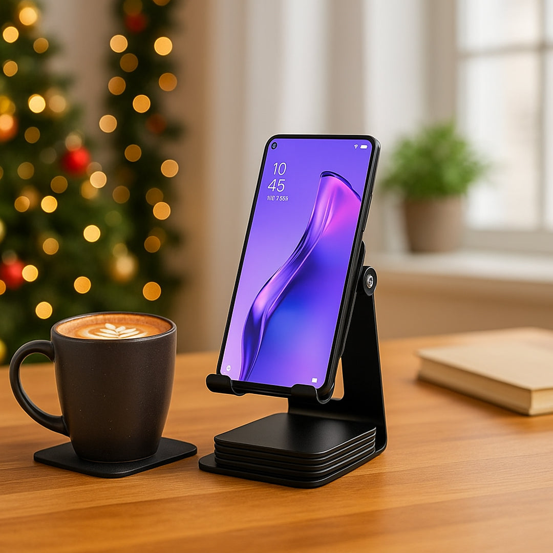 Large size adjustable black mobile stand with stacked metal coasters