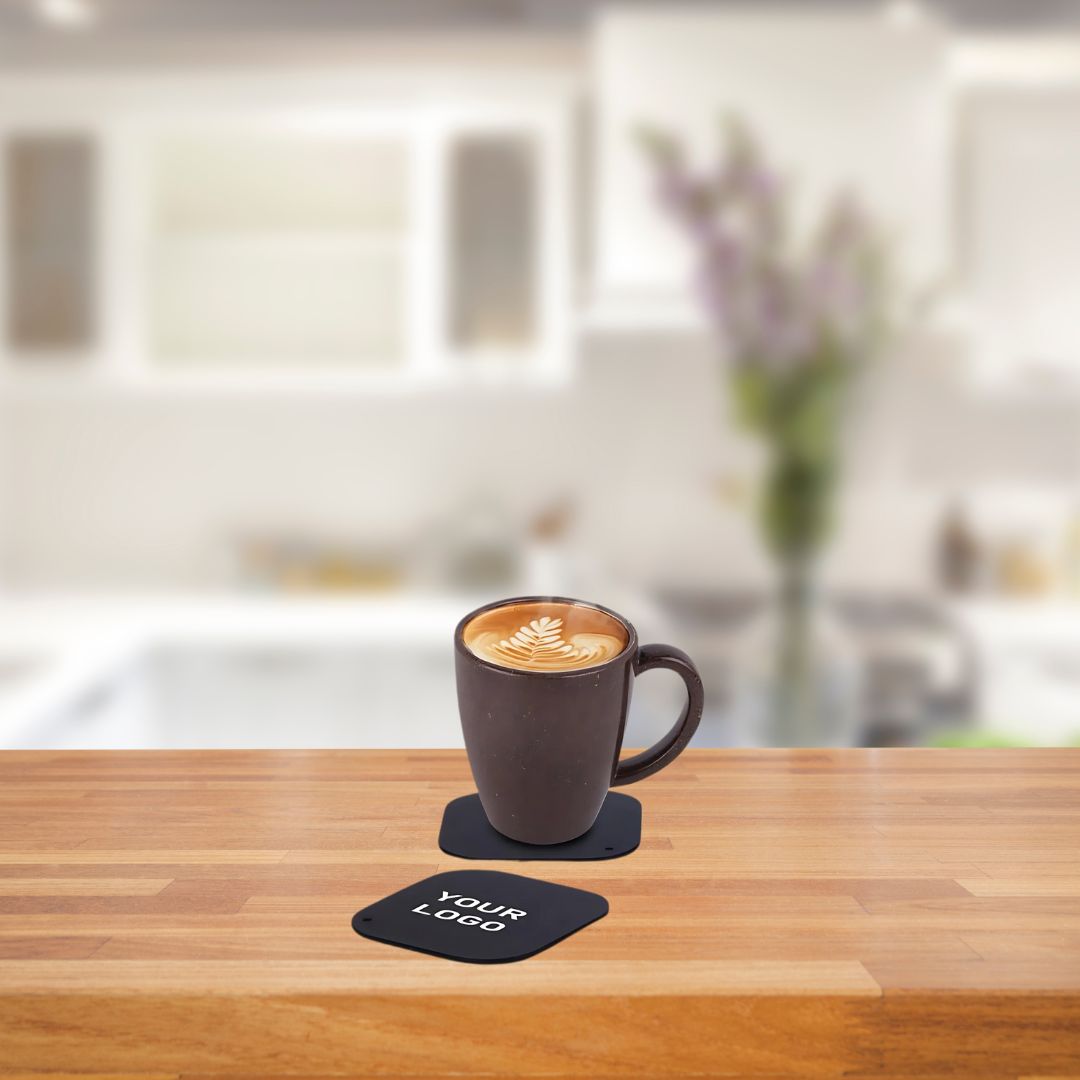 Premium metal coaster with soft foam base holding a coffee mug