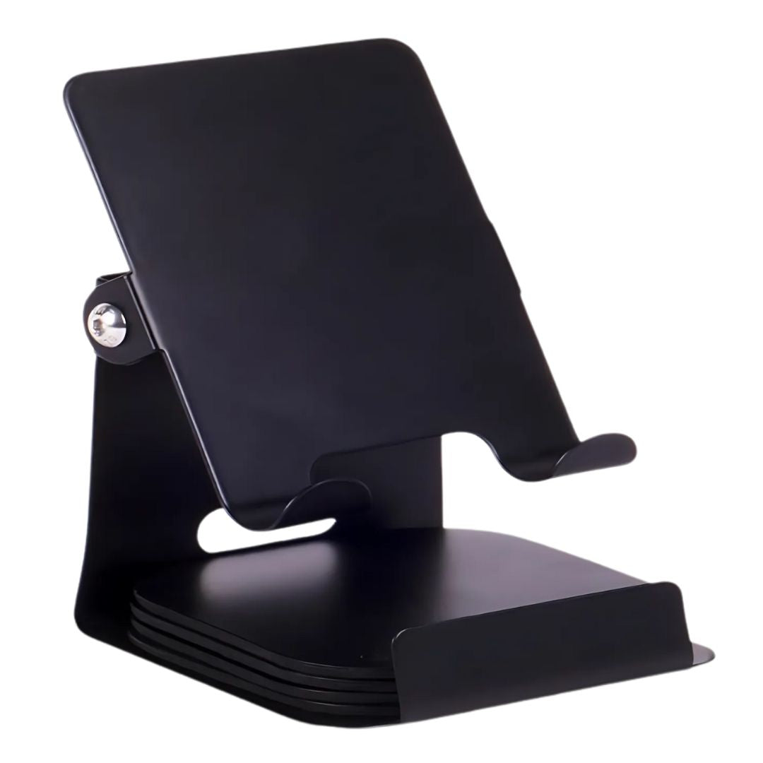 Smartphone placed on premium adjustable mobile stand on desk