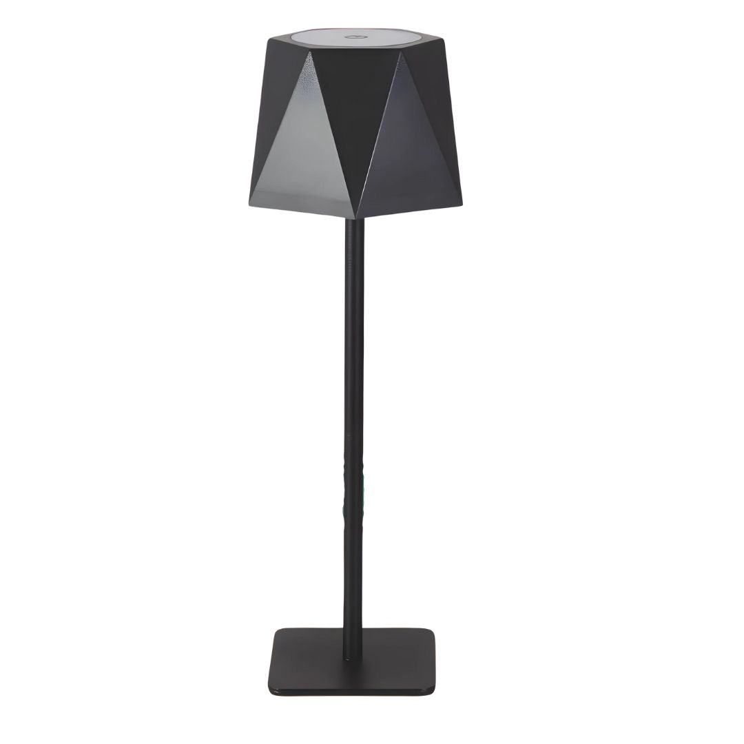 DuneLume rechargeable metal table lamp in black with geometric shade on a wooden table